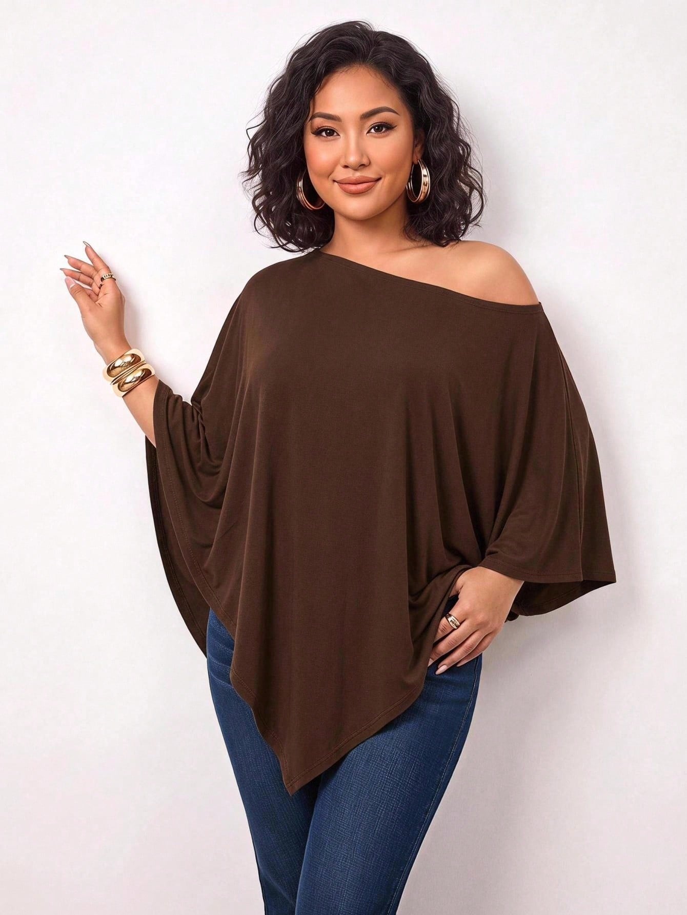 Enliva Plus-Size Knitted One-Shoulder Asymmetrical Pleated Cape Top