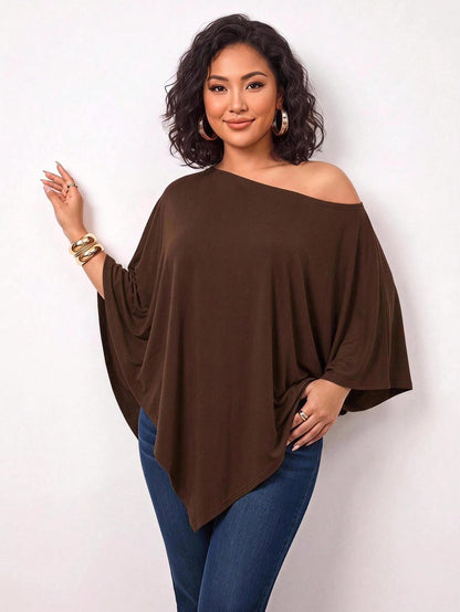 Enliva Plus-Size Knitted One-Shoulder Asymmetrical Pleated Cape Top