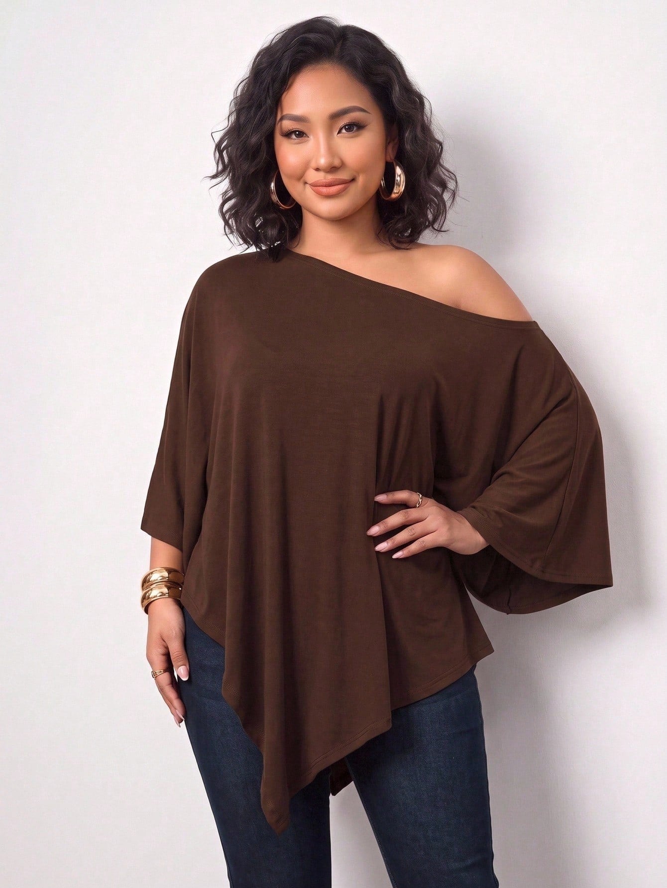 Enliva Plus-Size Knitted One-Shoulder Asymmetrical Pleated Cape Top