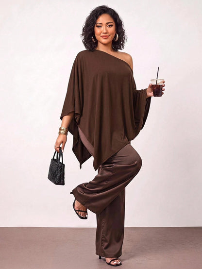 Enliva Plus-Size Knitted One-Shoulder Asymmetrical Pleated Cape Top