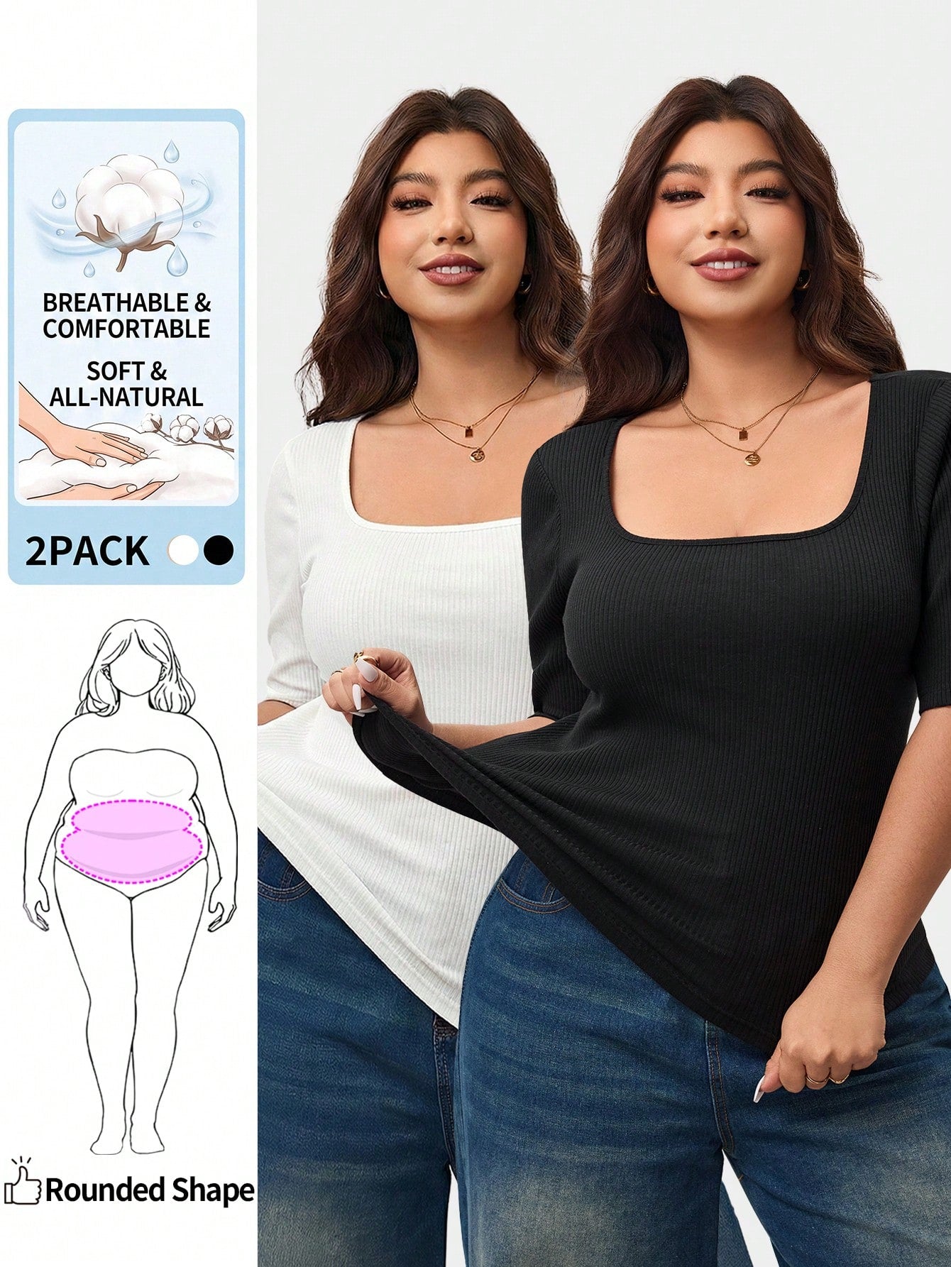 Enliva Plus Size Women's High Elasticity Slim Fit Square Neck Short Sleeve T-Shirt, Black And White Colors Available (2pcs/Set)