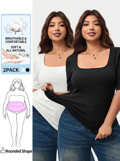 Enliva Plus Size Women's High Elasticity Slim Fit Square Neck Short Sleeve T-Shirt, Black And White Colors Available (2pcs/Set)