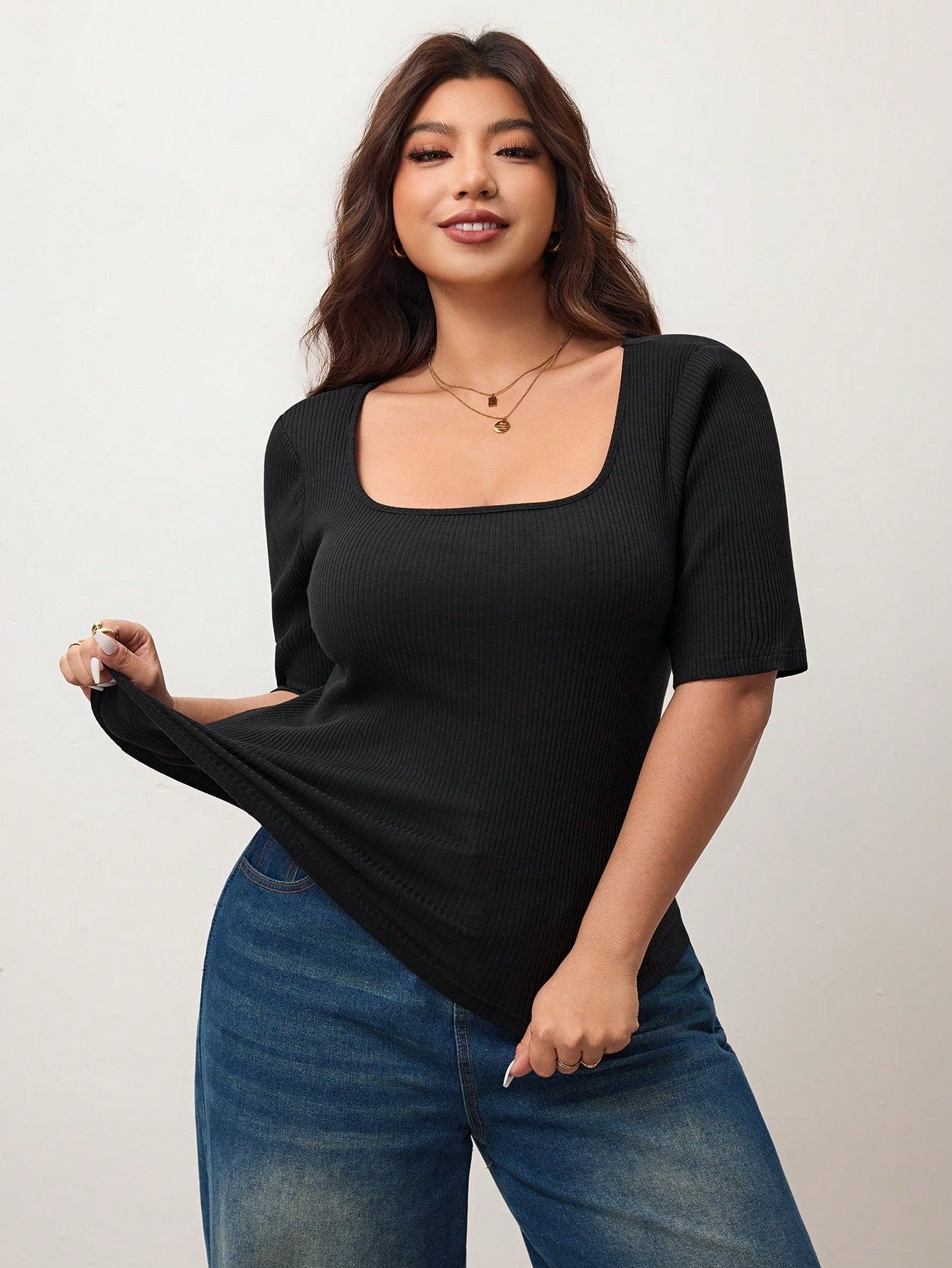 Enliva Plus Size Women's High Elasticity Slim Fit Square Neck Short Sleeve T-Shirt, Black And White Colors Available (2pcs/Set)