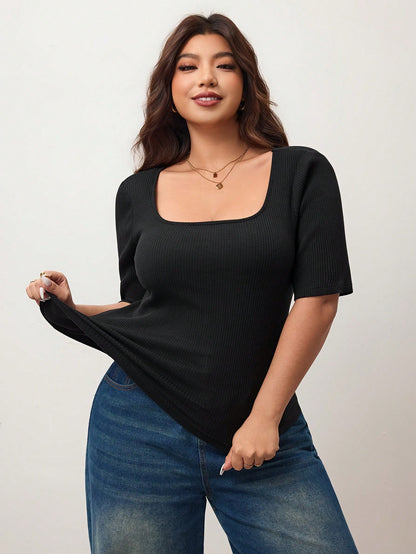 Enliva Plus Size Women's High Elasticity Slim Fit Square Neck Short Sleeve T-Shirt, Black And White Colors Available (2pcs/Set)
