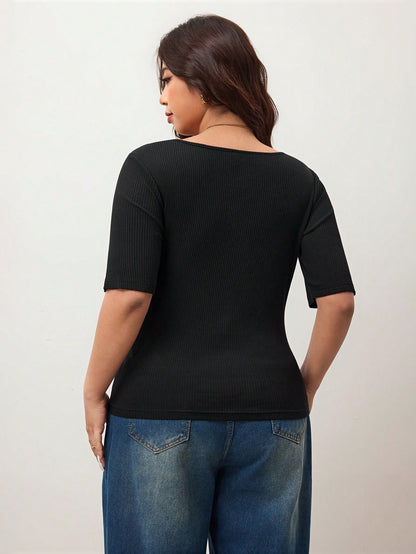 Enliva Plus Size Women's High Elasticity Slim Fit Square Neck Short Sleeve T-Shirt, Black And White Colors Available (2pcs/Set)
