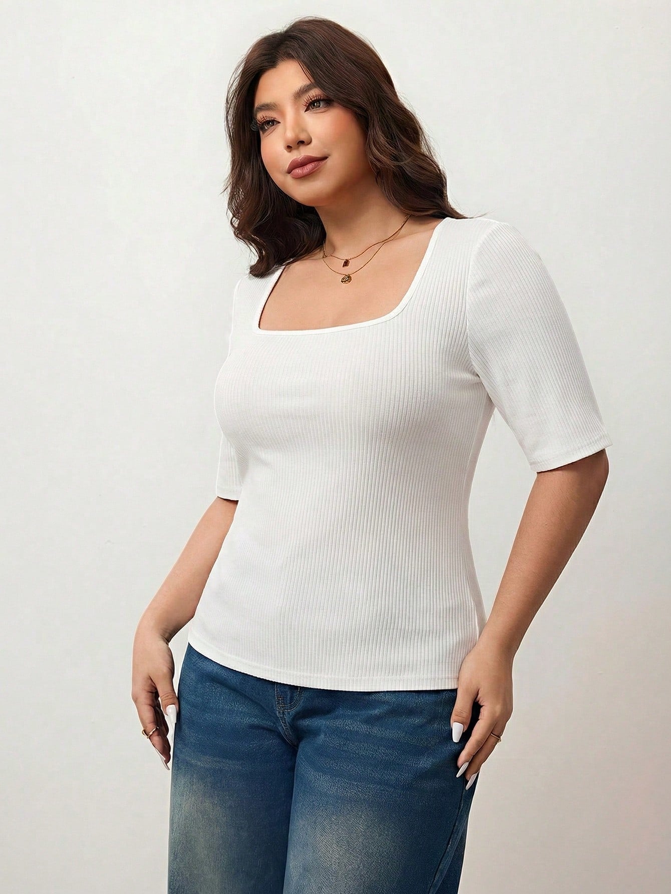 Enliva Plus Size Women's High Elasticity Slim Fit Square Neck Short Sleeve T-Shirt, Black And White Colors Available (2pcs/Set)
