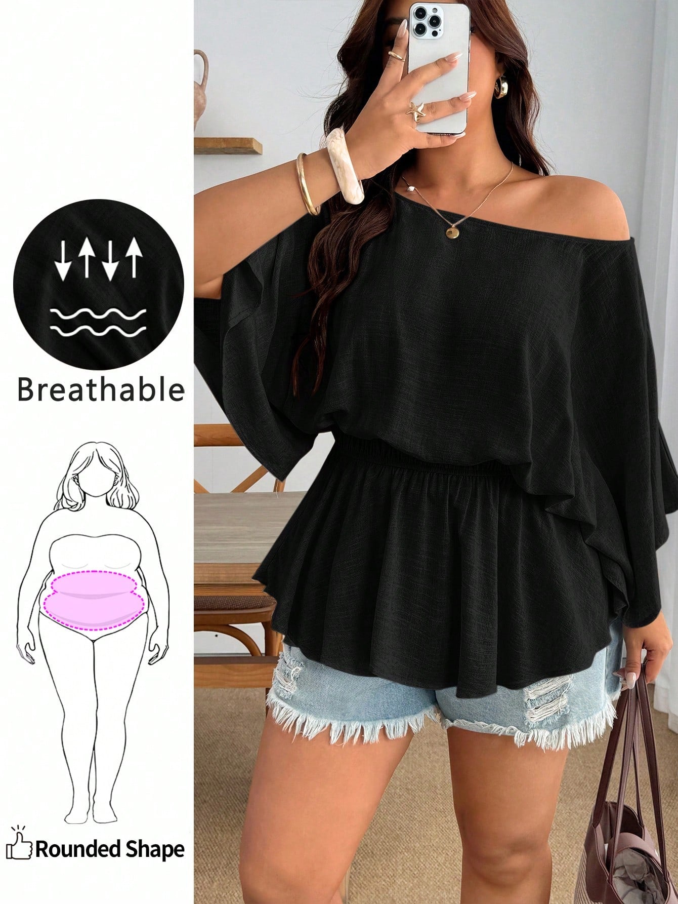 Enliva Plus Size Women's Vintage Sexy Casual Beach Vacation Y2K Fashion Personalized Elegant Minimalist Urban Bohemian Style One Shoulder Pleated Waist Linen Blend Khaki Loose Top