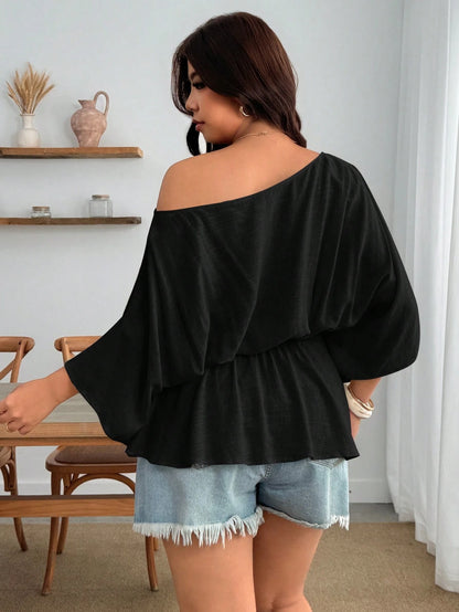 Enliva Plus Size Women's Vintage Sexy Casual Beach Vacation Y2K Fashion Personalized Elegant Minimalist Urban Bohemian Style One Shoulder Pleated Waist Linen Blend Khaki Loose Top
