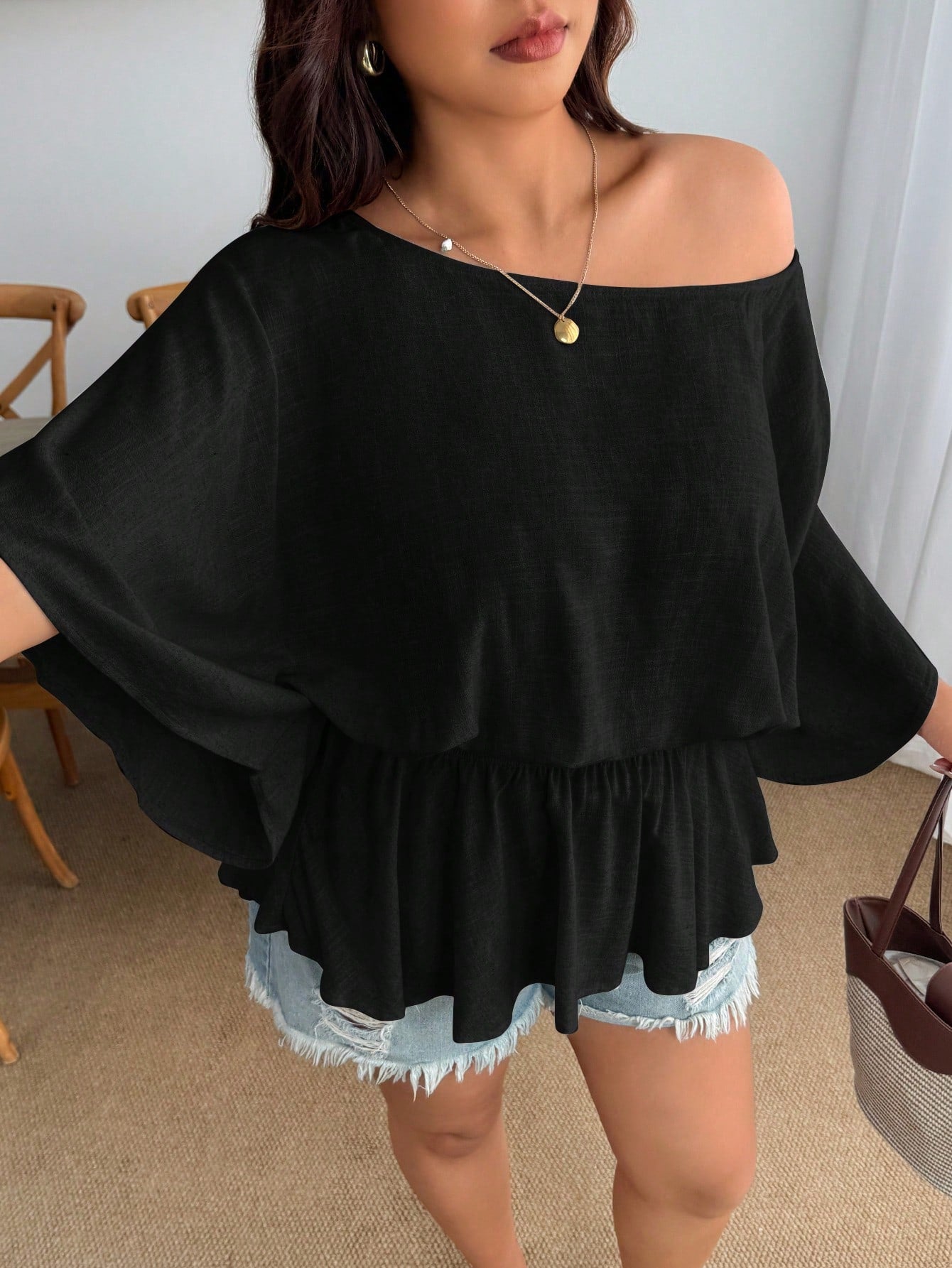 Enliva Plus Size Women's Vintage Sexy Casual Beach Vacation Y2K Fashion Personalized Elegant Minimalist Urban Bohemian Style One Shoulder Pleated Waist Linen Blend Khaki Loose Top