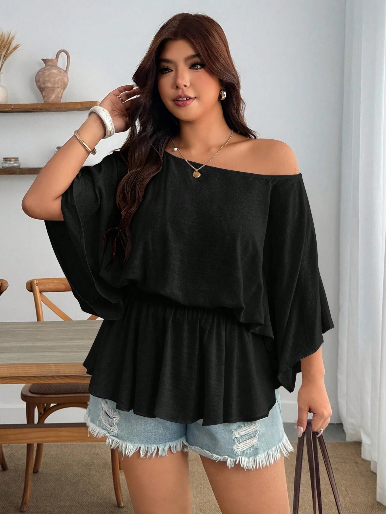 Enliva Plus Size Women's Vintage Sexy Casual Beach Vacation Y2K Fashion Personalized Elegant Minimalist Urban Bohemian Style One Shoulder Pleated Waist Linen Blend Khaki Loose Top