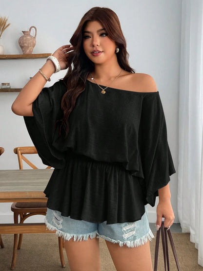 Enliva Plus Size Women's Vintage Sexy Casual Beach Vacation Y2K Fashion Personalized Elegant Minimalist Urban Bohemian Style One Shoulder Pleated Waist Linen Blend Khaki Loose Top