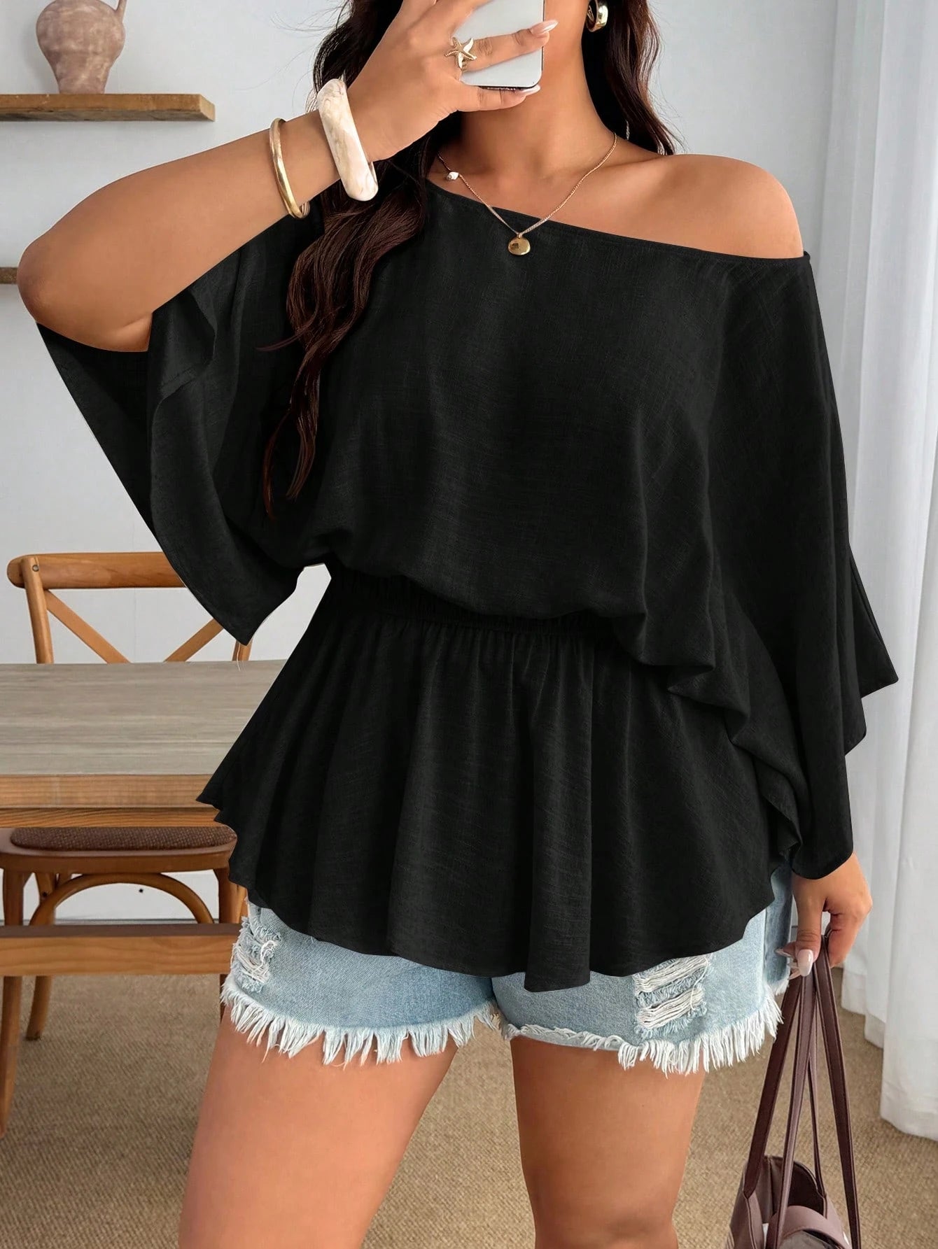 Enliva Plus Size Women's Vintage Sexy Casual Beach Vacation Y2K Fashion Personalized Elegant Minimalist Urban Bohemian Style One Shoulder Pleated Waist Linen Blend Khaki Loose Top