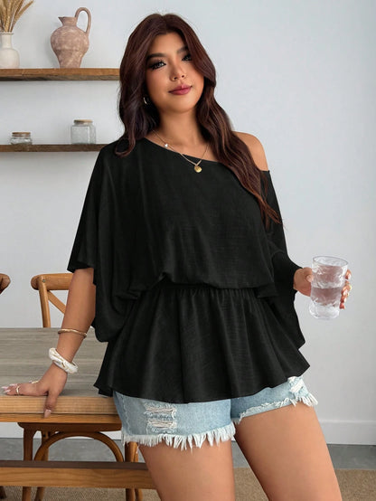 Enliva Plus Size Women's Vintage Sexy Casual Beach Vacation Y2K Fashion Personalized Elegant Minimalist Urban Bohemian Style One Shoulder Pleated Waist Linen Blend Khaki Loose Top