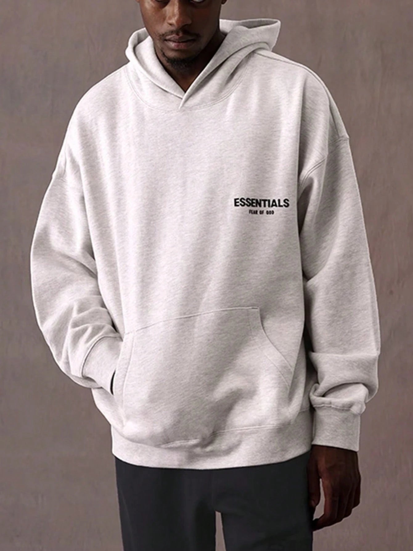 Essentials Fear Of God SS22 Dark Oatmeal Flocking Hoodie, Unisex Loose Drop Shoulder Sweatshirt, Runs 1 Size Large
