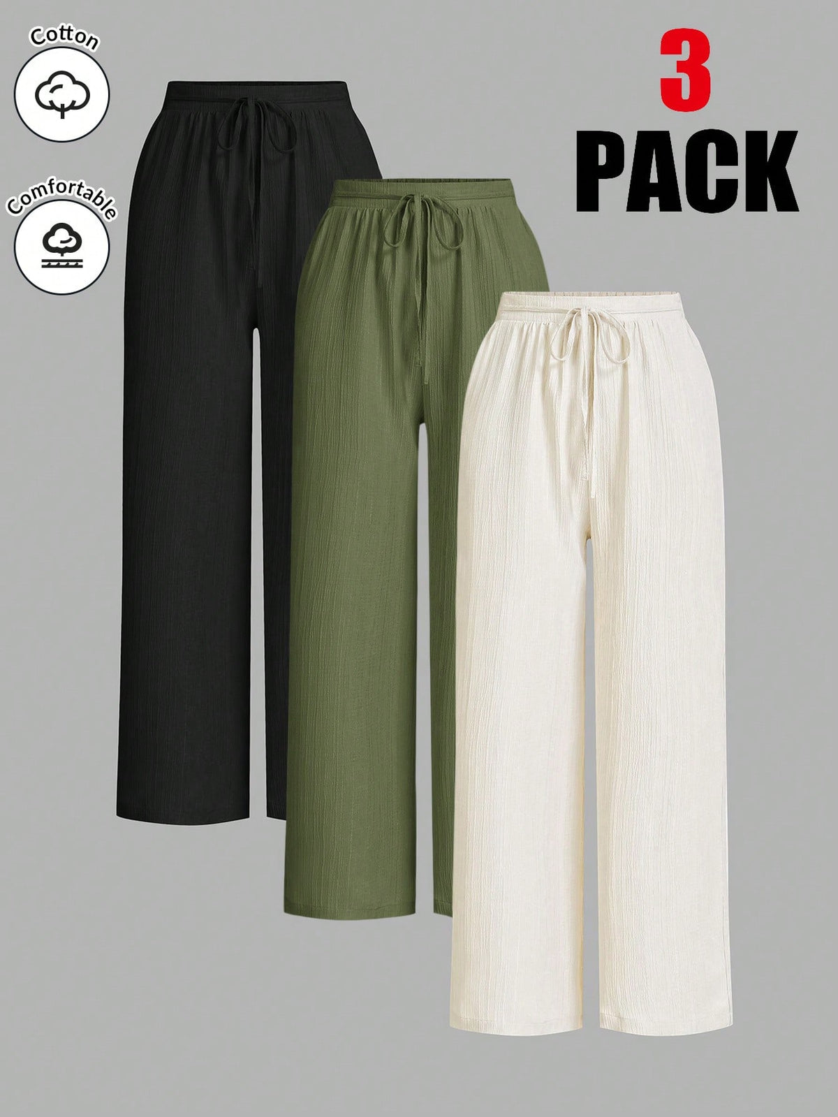 Essnce 3packs Summer Pants Women's Solid Color Waist-Tie Wide Leg Loose Casual Pants