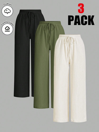 Essnce 3packs Summer Pants Women's Solid Color Waist-Tie Wide Leg Loose Casual Pants