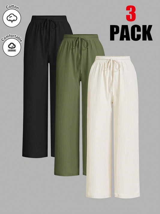 Essnce 3packs Summer Pants Women's Solid Color Waist-Tie Wide Leg Loose Casual Pants