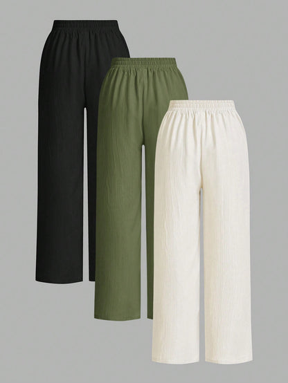 Essnce 3packs Summer Pants Women's Solid Color Waist-Tie Wide Leg Loose Casual Pants