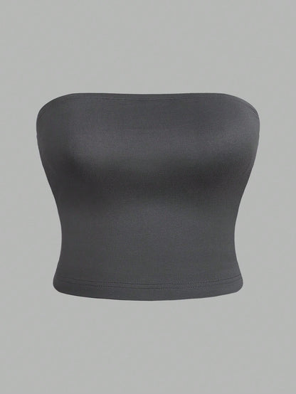 Essnce Casual Simple Solid Color Plus Size Women's Tube Top Set, 4pcs, Suitable For Summer Suitable For Going Out