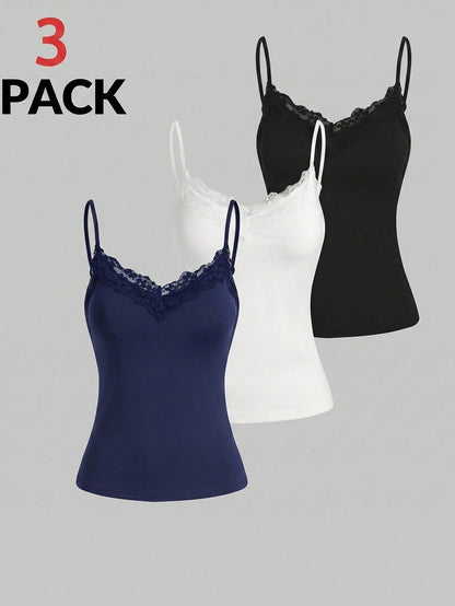 Essnce Plus Size Women 3pcs Solid Color Contrast Lace Camisole Tank Top Casual Formal Homewear Vest Daily Going Out Evening Navy Blue White Black Summer