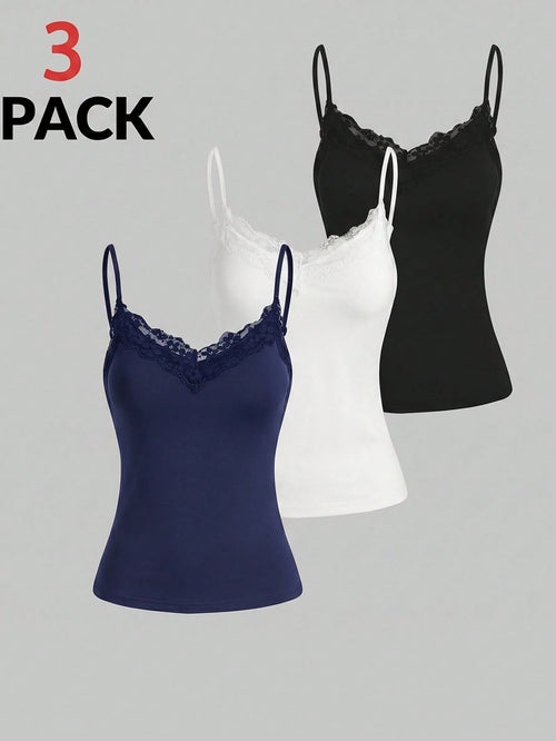 Essnce Plus Size Women 3pcs Solid Color Contrast Lace Camisole Tank Top Casual Formal Homewear Vest Daily Going Out Evening Navy Blue White Black Summer