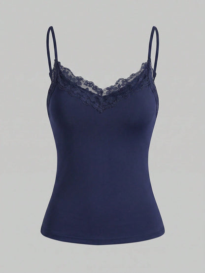Essnce Plus Size Women 3pcs Solid Color Contrast Lace Camisole Tank Top Casual Formal Homewear Vest Daily Going Out Evening Navy Blue White Black Summer