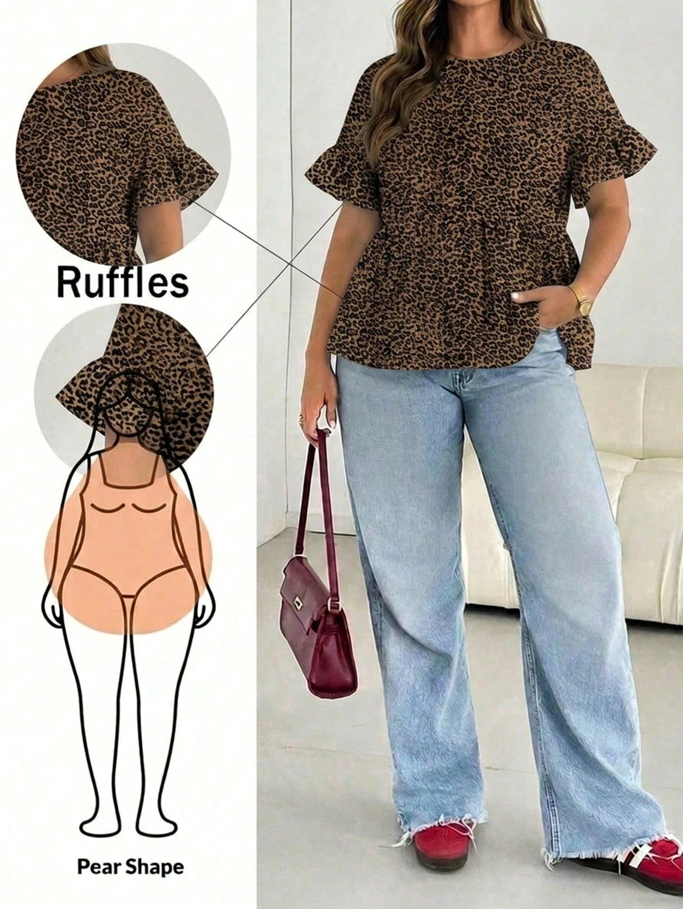 Essnce Plus Size Women Round Neck Ruffle Trim Short Sleeve Blouse, Summer Holiday Chocolate Brown Boho