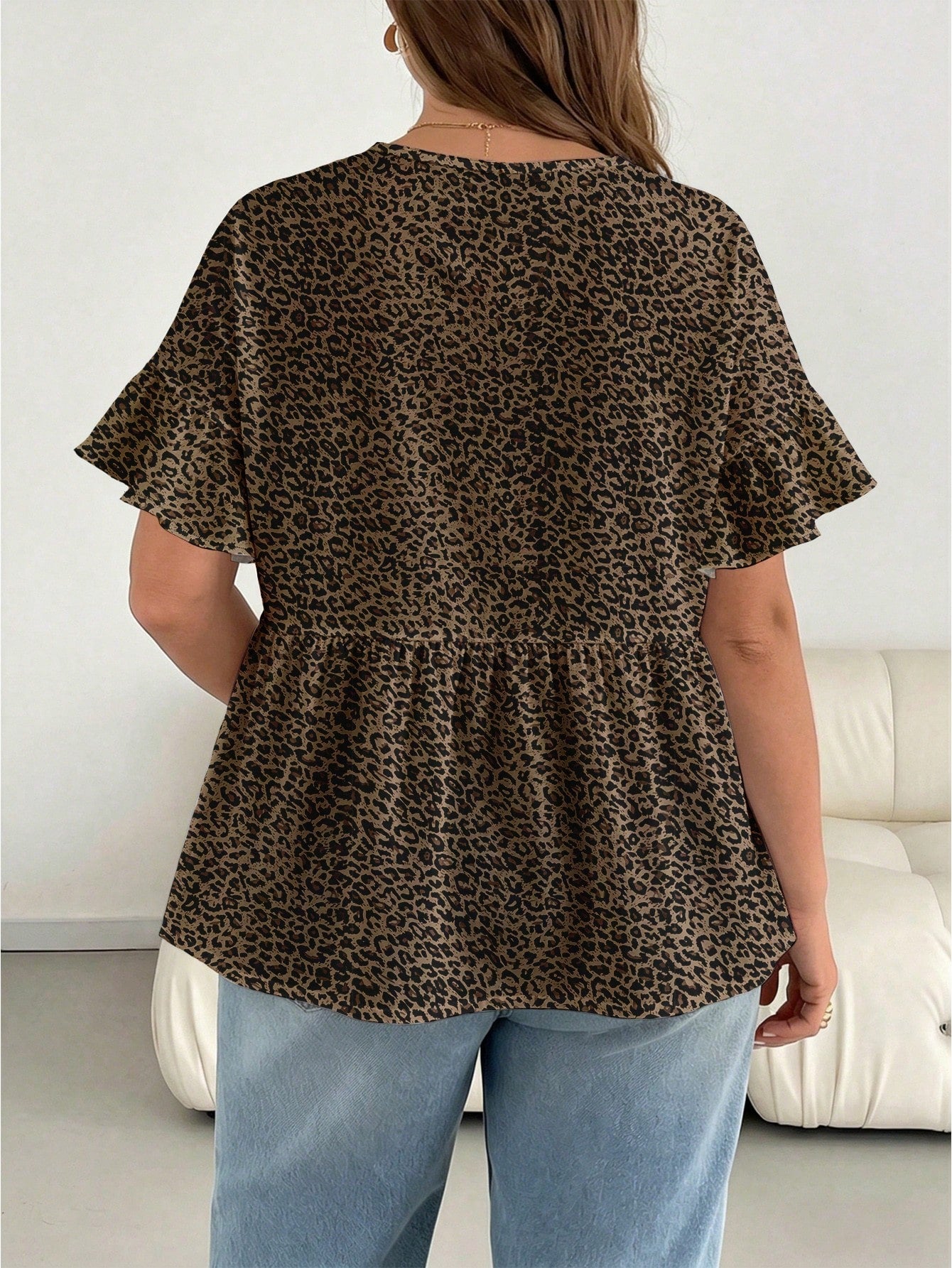 Essnce Plus Size Women Round Neck Ruffle Trim Short Sleeve Blouse, Summer Holiday Chocolate Brown Boho