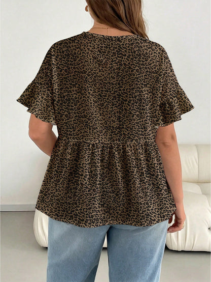Essnce Plus Size Women Round Neck Ruffle Trim Short Sleeve Blouse, Summer Holiday Chocolate Brown Boho