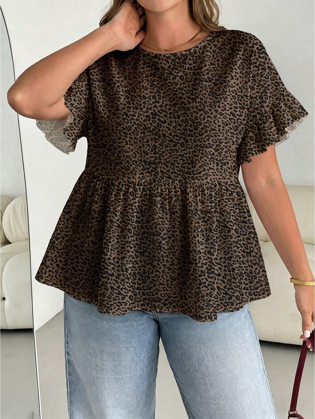 Essnce Plus Size Women Round Neck Ruffle Trim Short Sleeve Blouse, Summer Holiday Chocolate Brown Boho