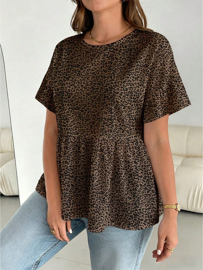 Essnce Plus Size Women Round Neck Ruffle Trim Short Sleeve Blouse, Summer Holiday Chocolate Brown Boho