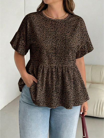 Essnce Plus Size Women Round Neck Ruffle Trim Short Sleeve Blouse, Summer Holiday Chocolate Brown Boho