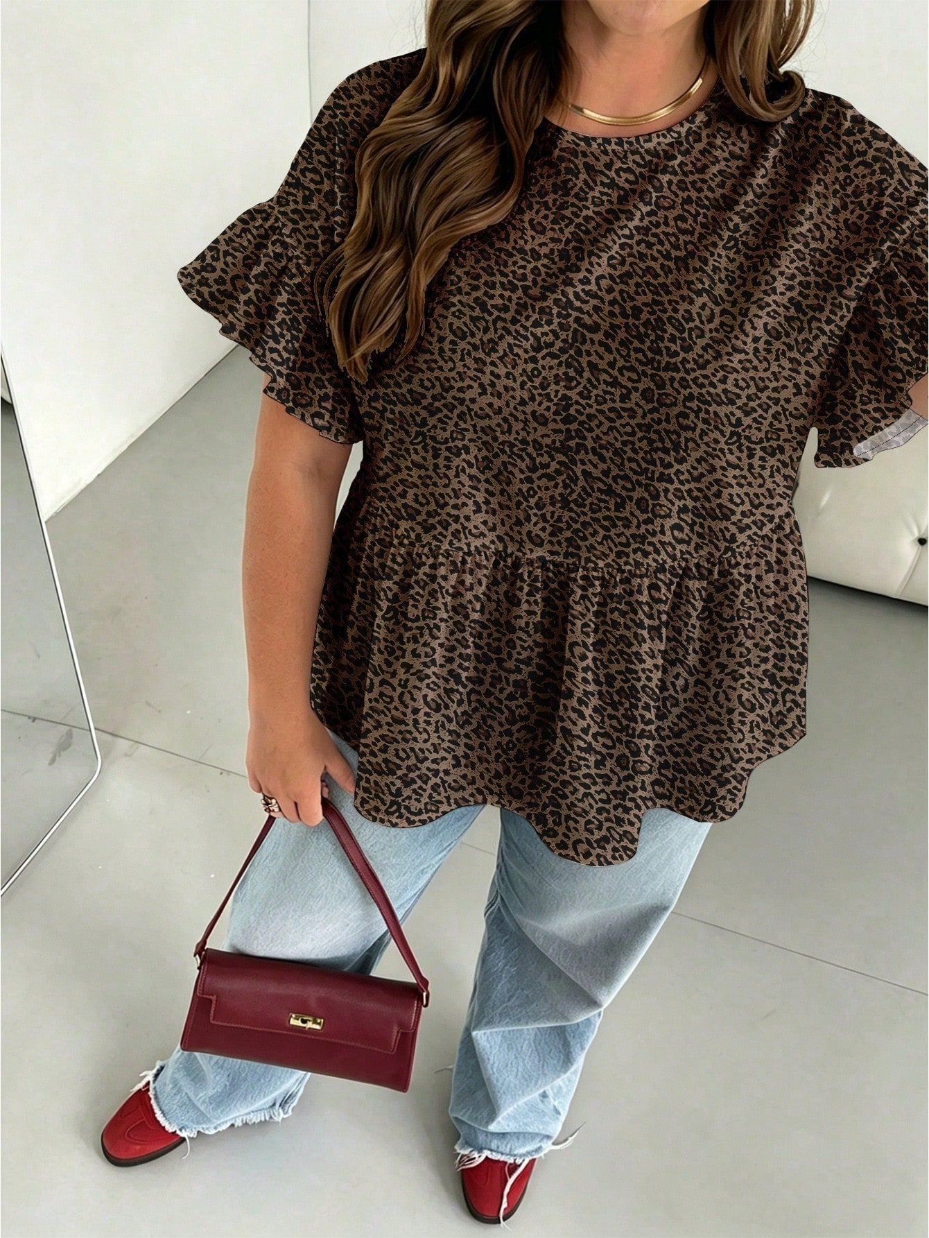 Essnce Plus Size Women Round Neck Ruffle Trim Short Sleeve Blouse, Summer Holiday Chocolate Brown Boho