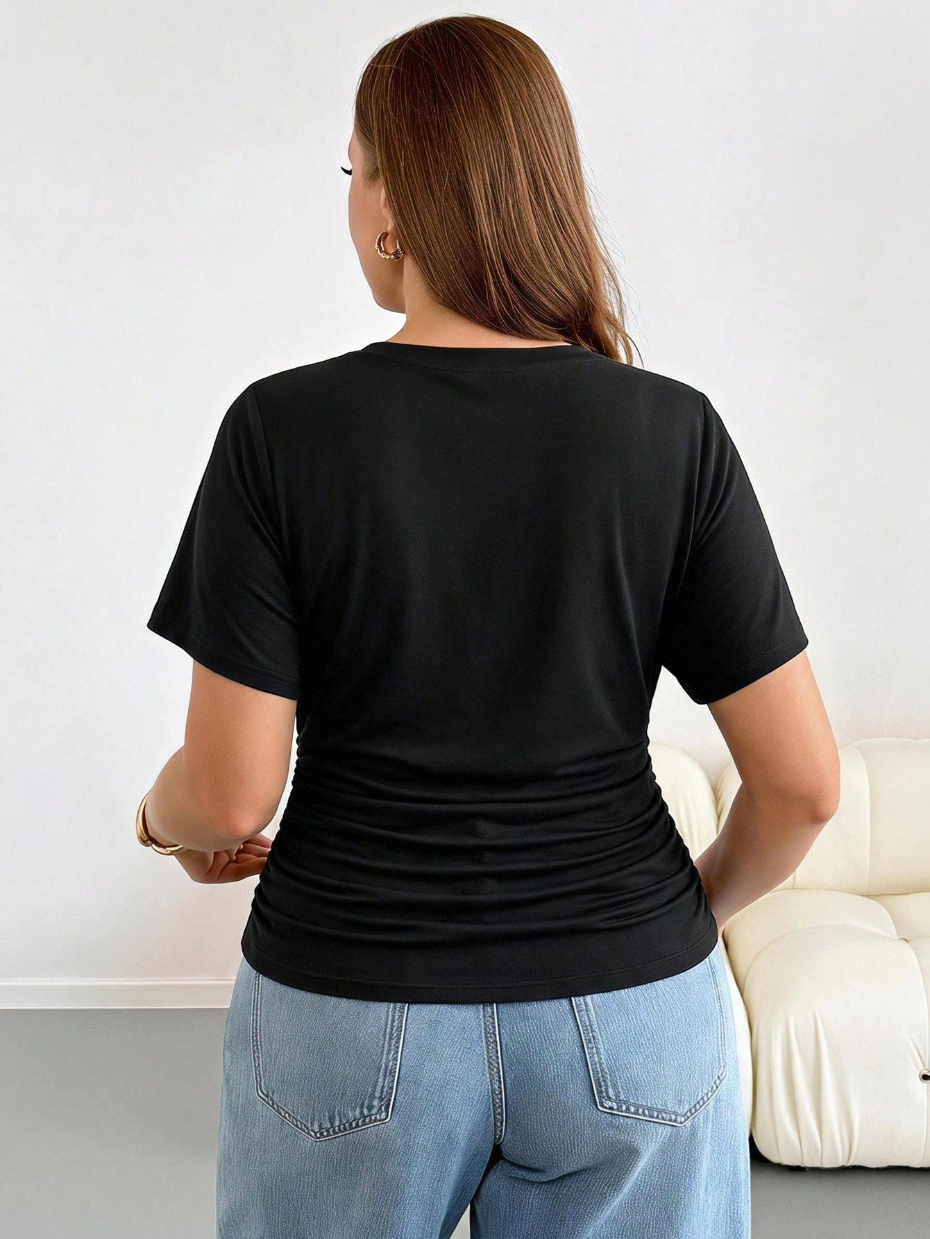 Essnce Plus Size Women's Black Short Sleeve T-Shirt- Sommar Series, Combines Business Casual And Vacation Style, Features Waist-Flattering Design, Fabric Is Elastic, Lightweight, Cool And Comfo