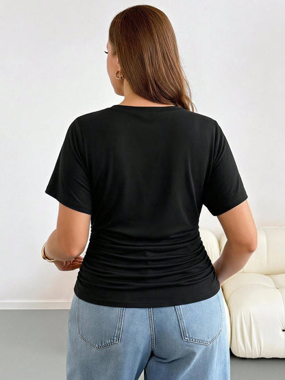 Essnce Plus Size Women's Black Short Sleeve T-Shirt- Sommar Series, Combines Business Casual And Vacation Style, Features Waist-Flattering Design, Fabric Is Elastic, Lightweight, Cool And Comfo