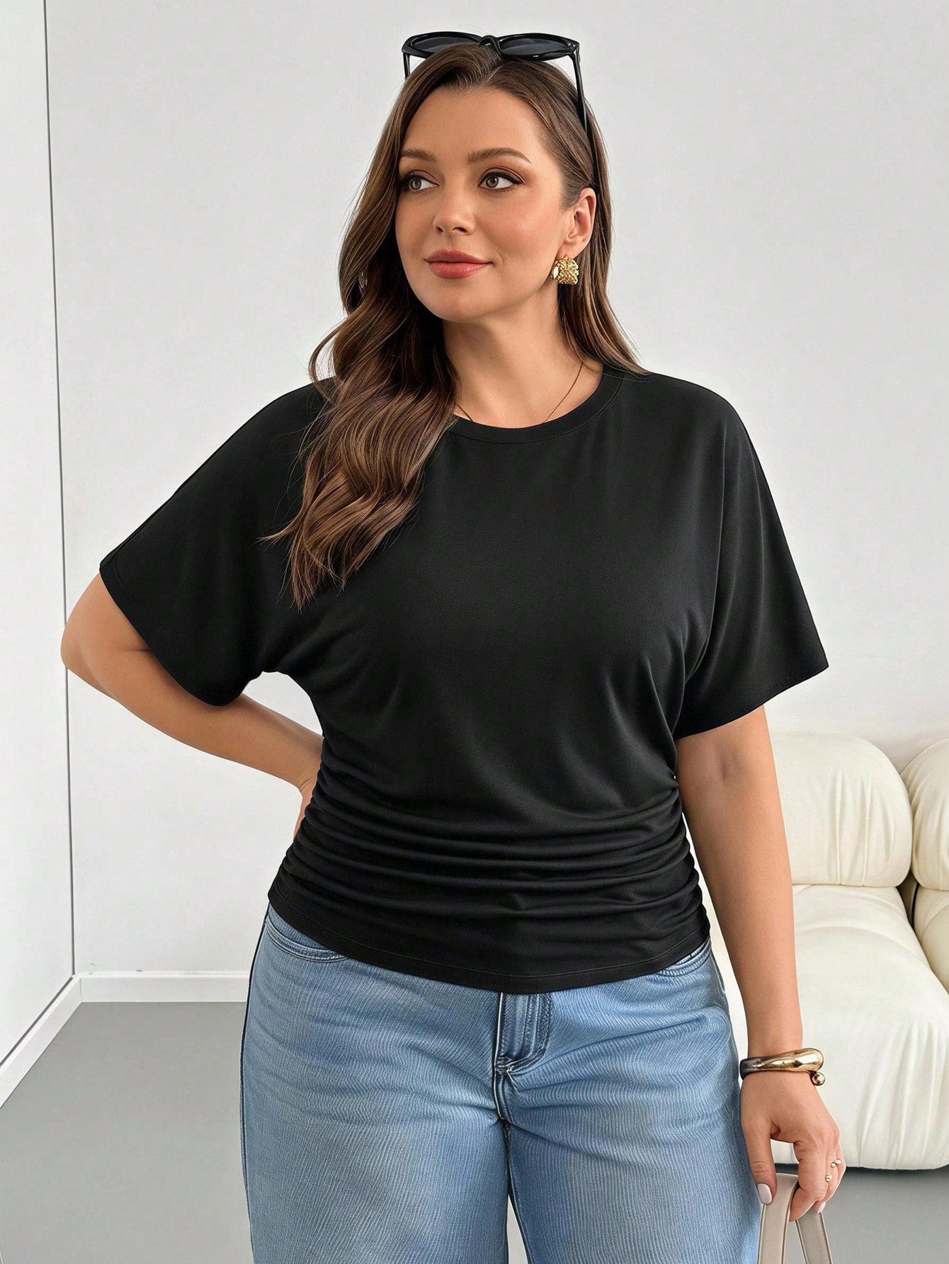 Essnce Plus Size Women's Black Short Sleeve T-Shirt- Sommar Series, Combines Business Casual And Vacation Style, Features Waist-Flattering Design, Fabric Is Elastic, Lightweight, Cool And Comfo