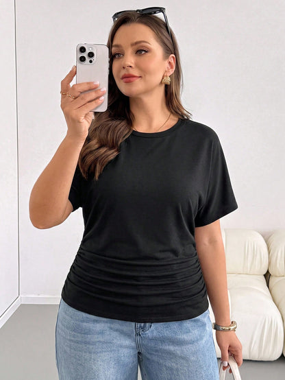 Essnce Plus Size Women's Black Short Sleeve T-Shirt- Sommar Series, Combines Business Casual And Vacation Style, Features Waist-Flattering Design, Fabric Is Elastic, Lightweight, Cool And Comfo