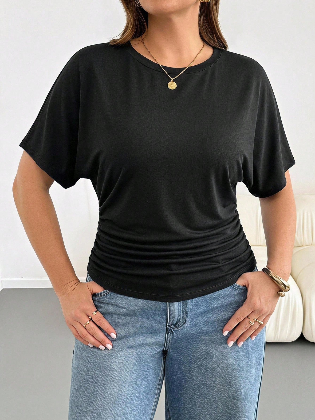 Essnce Plus Size Women's Black Short Sleeve T-Shirt- Sommar Series, Combines Business Casual And Vacation Style, Features Waist-Flattering Design, Fabric Is Elastic, Lightweight, Cool And Comfo