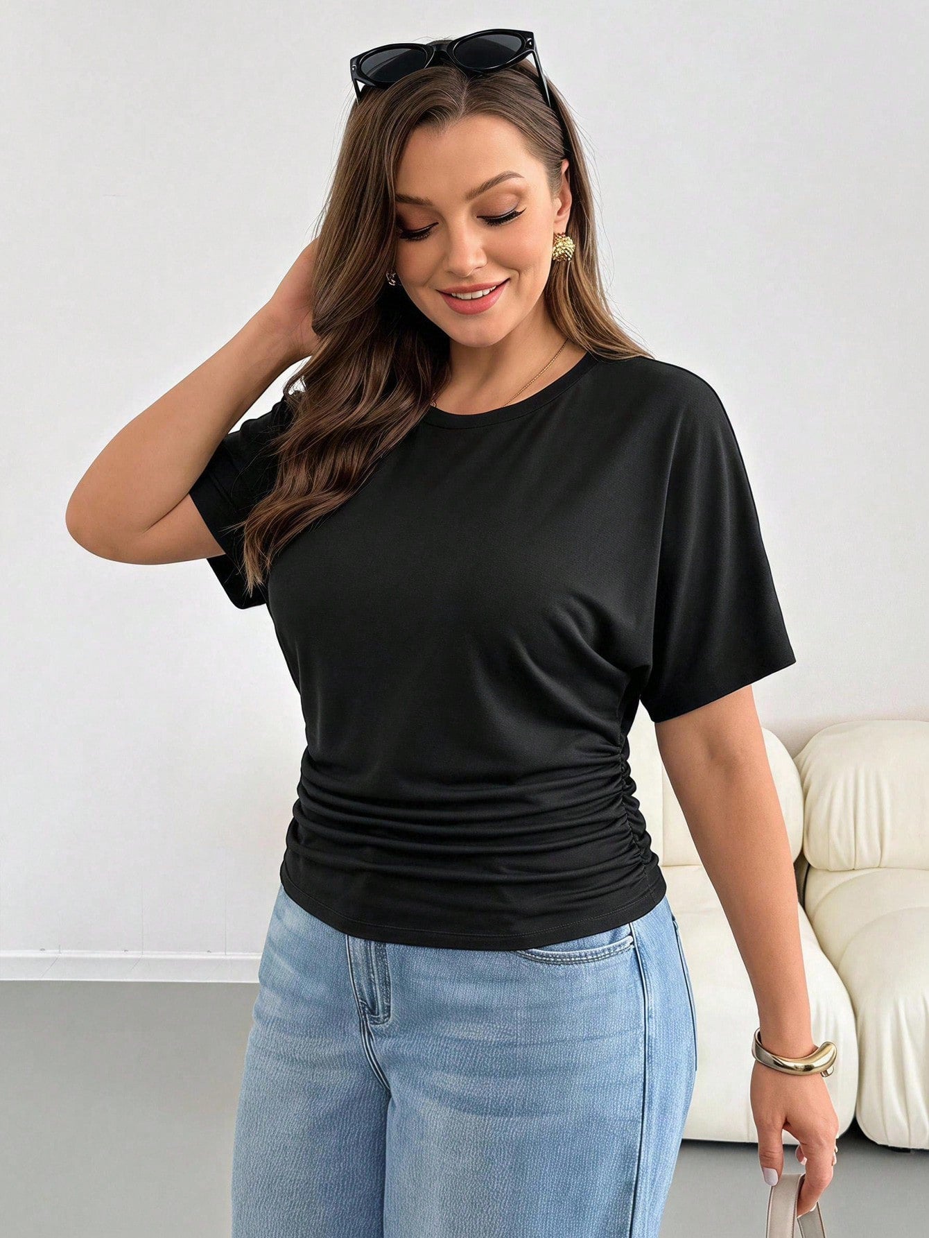 Essnce Plus Size Women's Black Short Sleeve T-Shirt- Sommar Series, Combines Business Casual And Vacation Style, Features Waist-Flattering Design, Fabric Is Elastic, Lightweight, Cool And Comfo