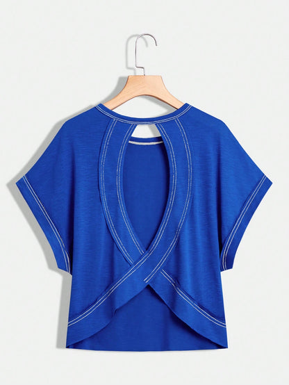 Essnce Plus Size Women's Royal Blue Summer Smart Casual Everyday Loose Backless Short-Sleeved T-Shirt, Tops,Y2k Clothes,Streetwear Comfortable Tee Hiking