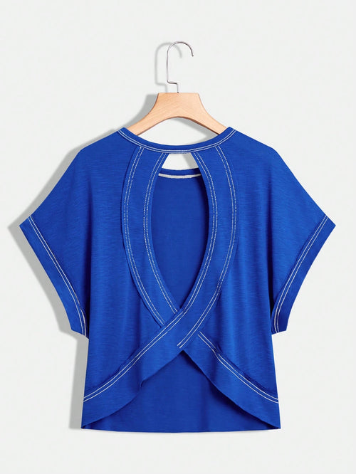 Essnce Plus Size Women's Royal Blue Summer Smart Casual Everyday Loose Backless Short-Sleeved T-Shirt, Tops,Y2k Clothes,Streetwear Comfortable Tee Hiking