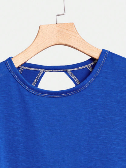 Essnce Plus Size Women's Royal Blue Summer Smart Casual Everyday Loose Backless Short-Sleeved T-Shirt, Tops,Y2k Clothes,Streetwear Comfortable Tee Hiking
