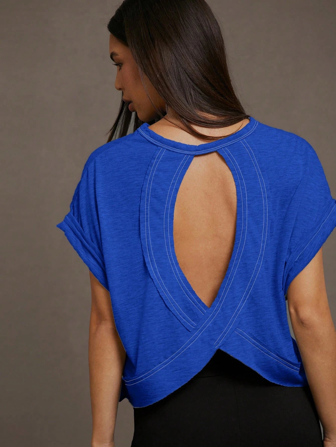 Essnce Plus Size Women's Royal Blue Summer Smart Casual Everyday Loose Backless Short-Sleeved T-Shirt, Tops,Y2k Clothes,Streetwear Comfortable Tee Hiking