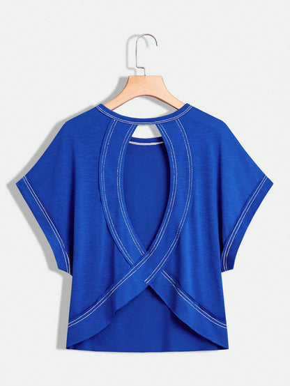 Essnce Plus Size Women's Royal Blue Summer Smart Casual Everyday Loose Backless Short-Sleeved T-Shirt, Tops,Y2k Clothes,Streetwear Comfortable Tee Hiking