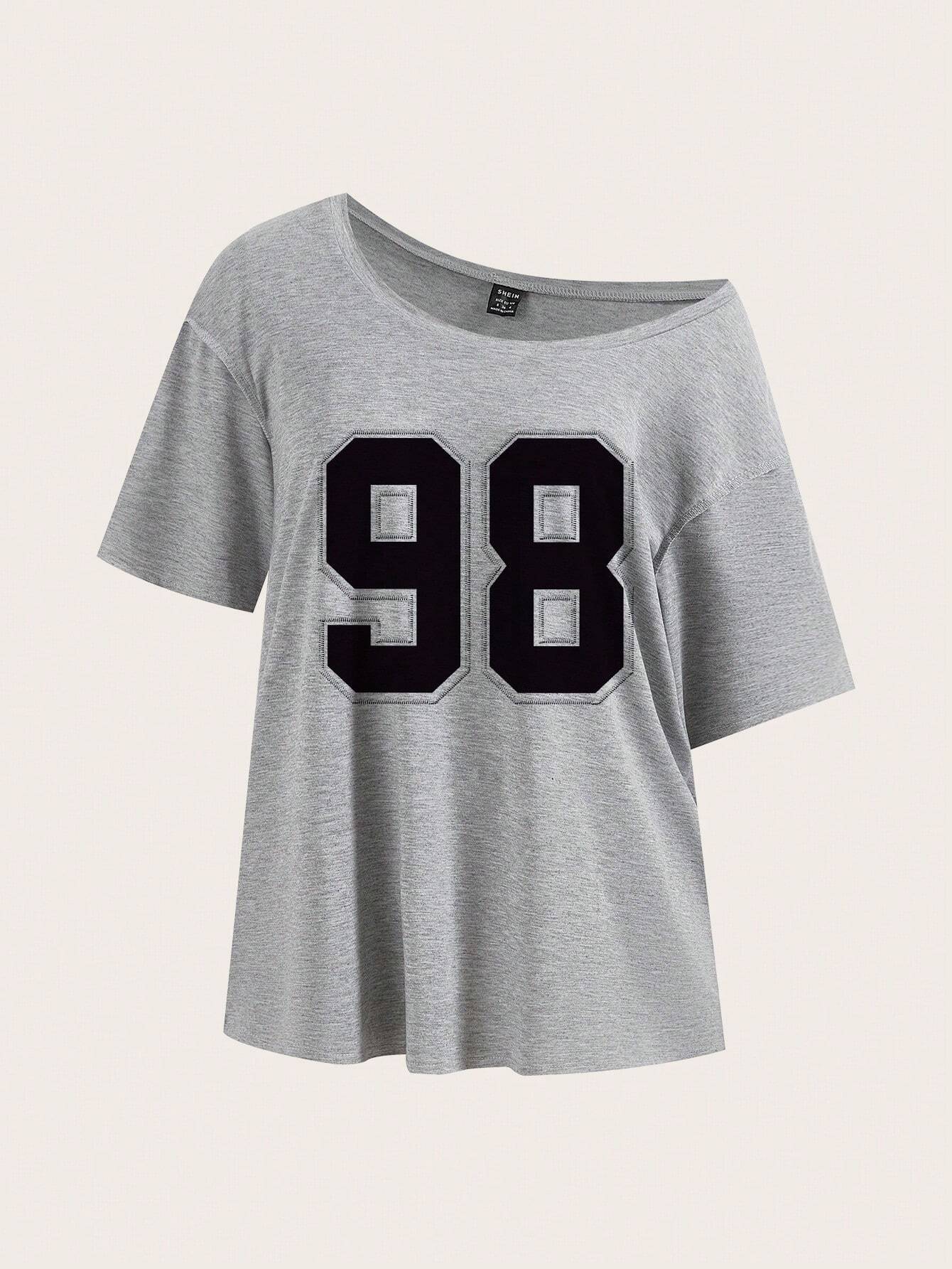 Essnce Women's Casual Graphic Simple 98 Letter Print Dropped Shoulder T-Shirt, Summer Graphic Tee Suitable For Going Out School Day Time Back-To-School Grey