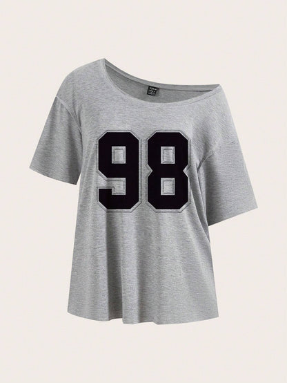 Essnce Women's Casual Graphic Simple 98 Letter Print Dropped Shoulder T-Shirt, Summer Graphic Tee Suitable For Going Out School Day Time Back-To-School Grey