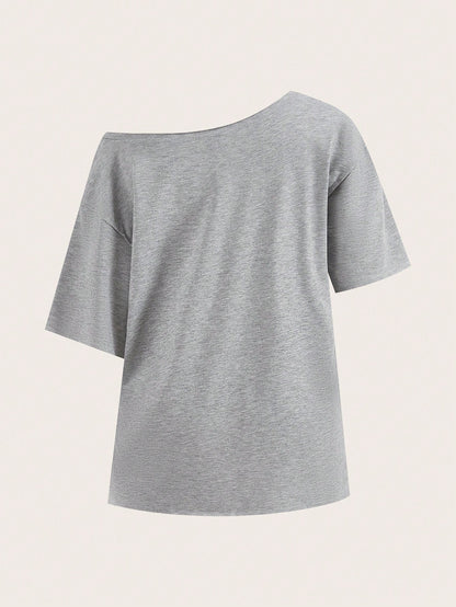 Essnce Women's Casual Graphic Simple 98 Letter Print Dropped Shoulder T-Shirt, Summer Graphic Tee Suitable For Going Out School Day Time Back-To-School Grey