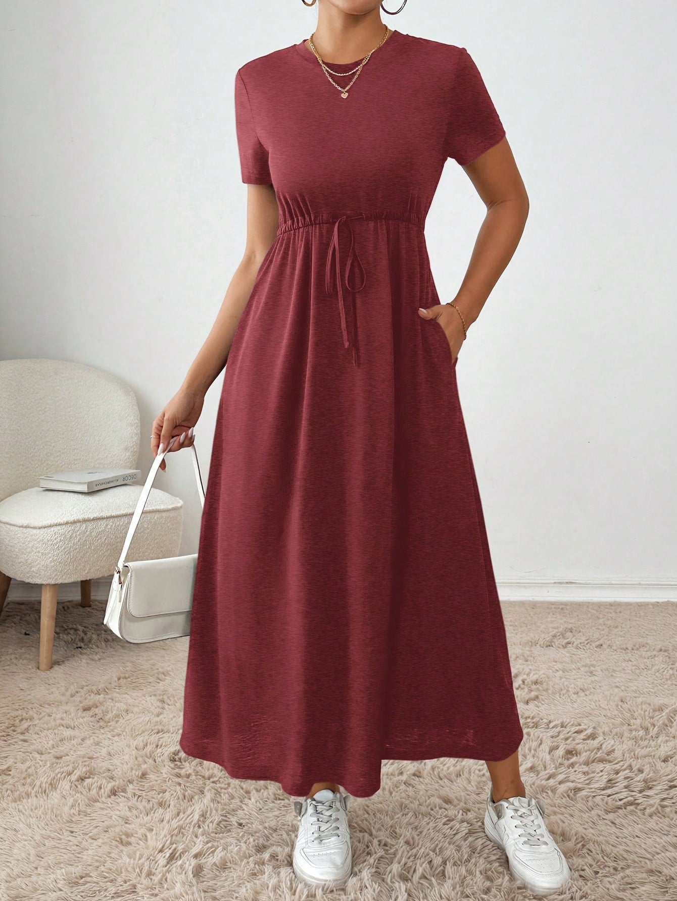 Essnce Women's Solid Crew Neck Twist Front Pocket Short Sleeve Summer Dress
