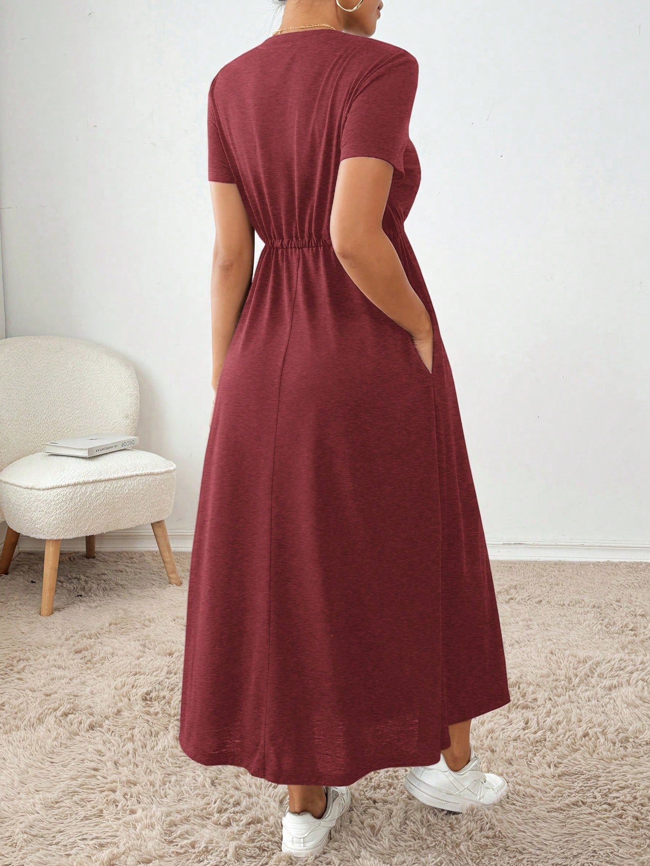 Essnce Women's Solid Crew Neck Twist Front Pocket Short Sleeve Summer Dress