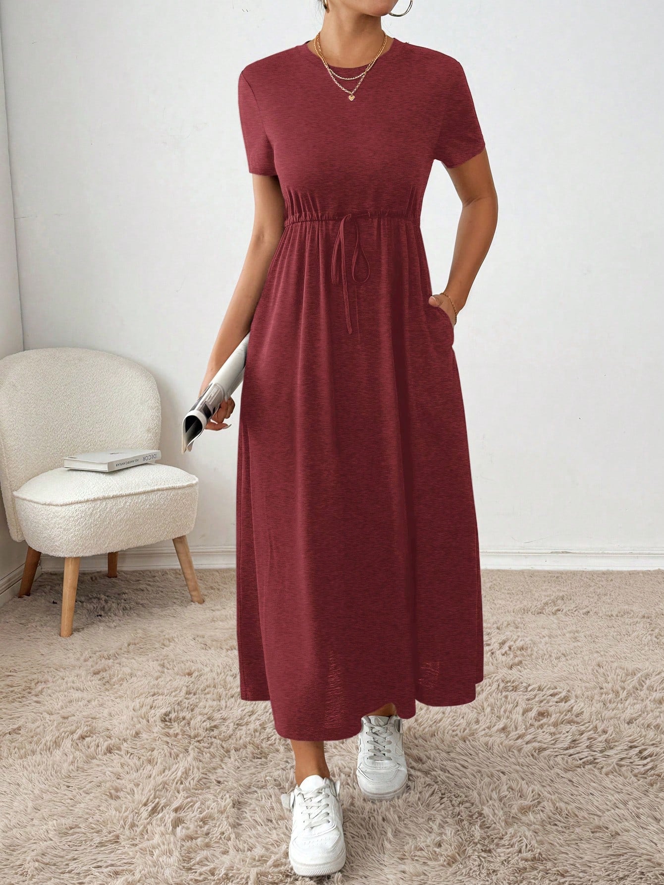 Essnce Women's Solid Crew Neck Twist Front Pocket Short Sleeve Summer Dress